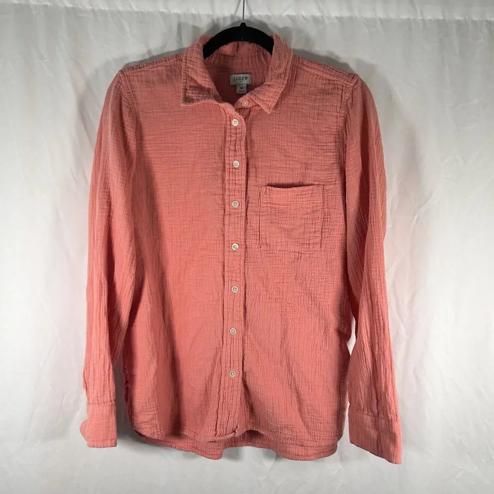 J Crew Blouse Women's Medium Pink Button Up Long Sleeve 100% Cotton Top